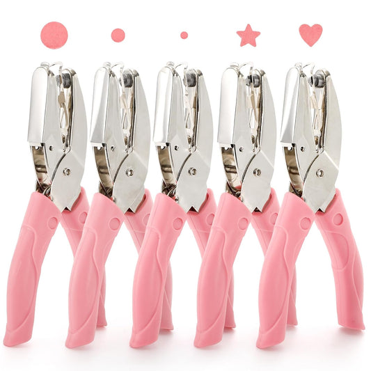 Jucoan 5 Pack Single Hole Punch Metal Handheld Small Hole Puncher with Soft Grip, Star Heart Circle Shape Paper Puncher for DIY Craft Tags Greeting Cards Scrapbook, 1/4, 1/8, 1/16 Inch Hole Punch