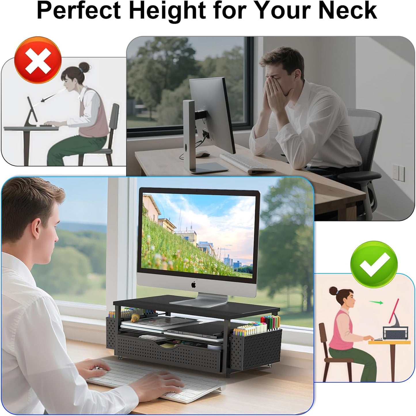 Desk Organizer and Accessories, Computer Monitor Stand Riser with Drawer and 2 Pen Holders, Office Desk Accessories & Workspace Organizers for Office Supplies (Black)