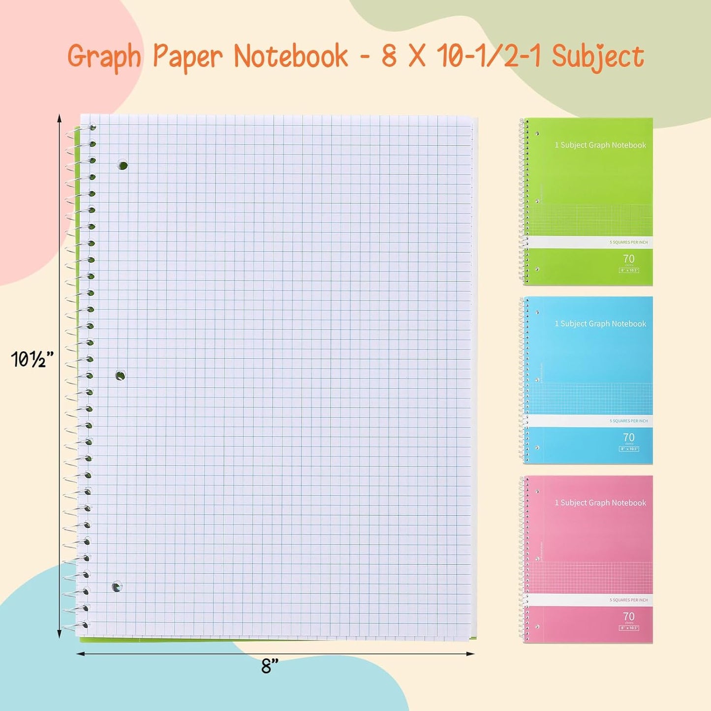 Jetec 9 Pack Graph Paper Spiral Notebook 8x10.5 Inch Quad Ruled Grid Notebooks 70 Sheets Graphing Paper for Math, Engineering, Work, School, and Lab, 5 Squares/inch, 3 Colors