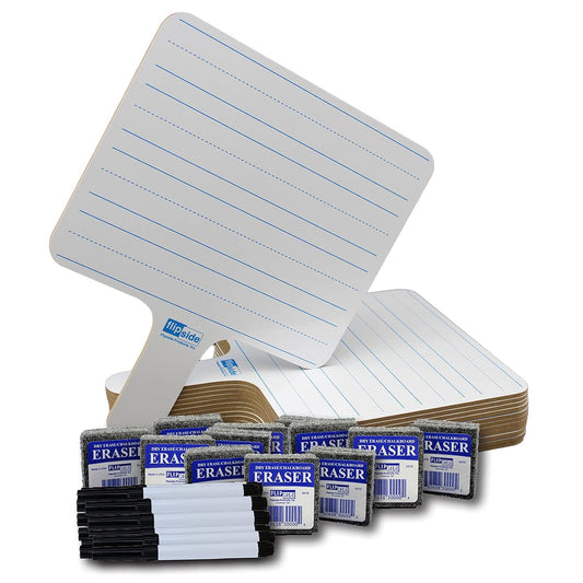 Flipside Products - 7.75" x 10" Two-Sided (Lined Side/Blank White Side) Rectangular Dry Erase Writing Answer Paddles, 12 Pack + Black Markers + Erasers