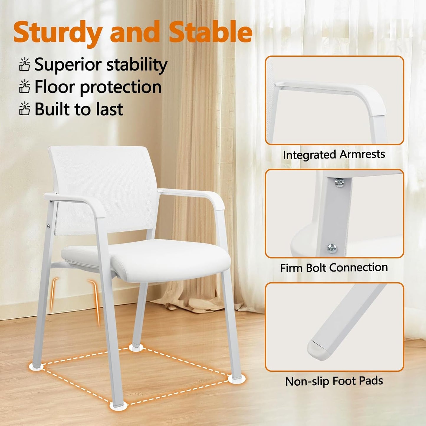 CLATINA Stacking Office Chairs | Mesh Back, Thicken Leather Seat and Arms, Ergonomic Lumbar Support | Guest Reception, Waiting, Conference, School, Party, Customer, Side, Stationary | Set of 2, White