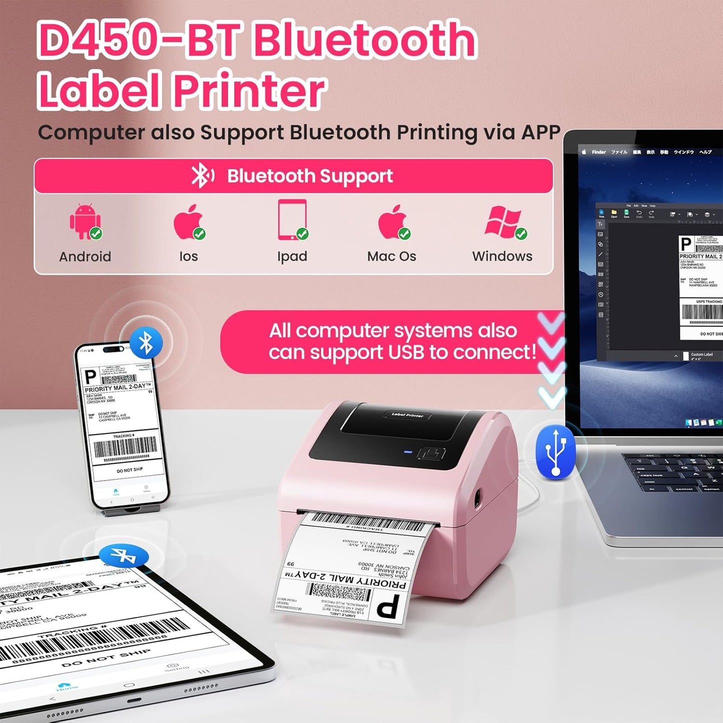Bluetooth Thermal Label Printer 4x6 - D450BT Shipping Label Printer for Small Business, Shipping Packages, Office, Home, Compatible with Ebay, USPS, Shopify, Amazon