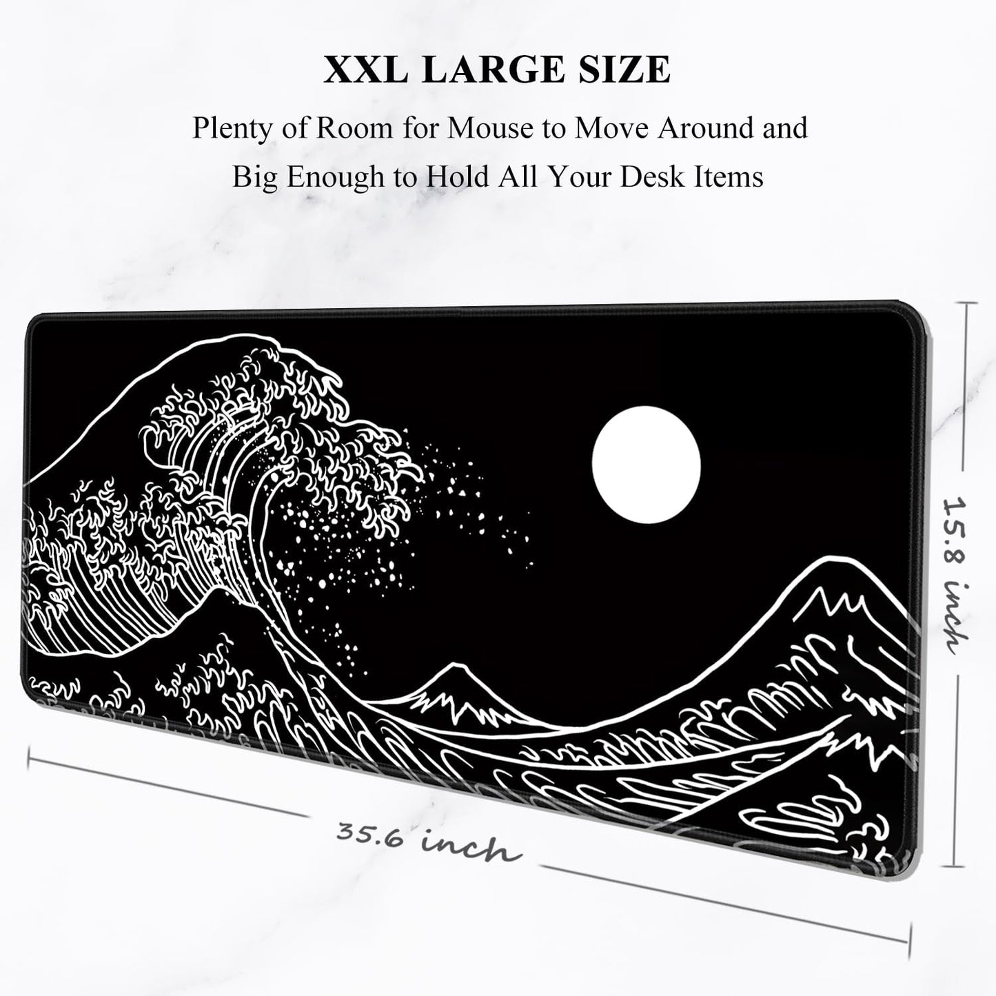 Auhoahsil Large Mouse Pad, XXL Gaming Mousepad, Desk Mat for Desktop, Thick Rubber, Big & Long Size, Stitched Edges, Full Desk Pad for Laptop & Computer, Extended 35.4 x 15.7 in, Black Great Wave