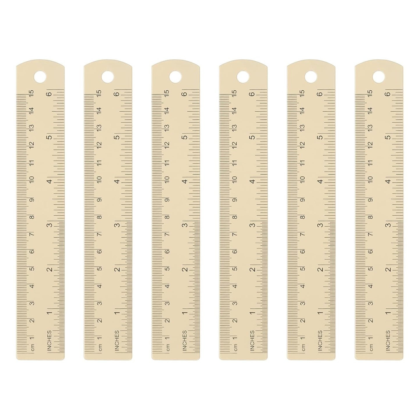 HARFINGTON 6pcs Metal Straight Ruler 15cm Metric SAE Aluminum Alloy Measuring Rulers Scale Tool with Hole for Measure Study Reading Classroom Office, Beige