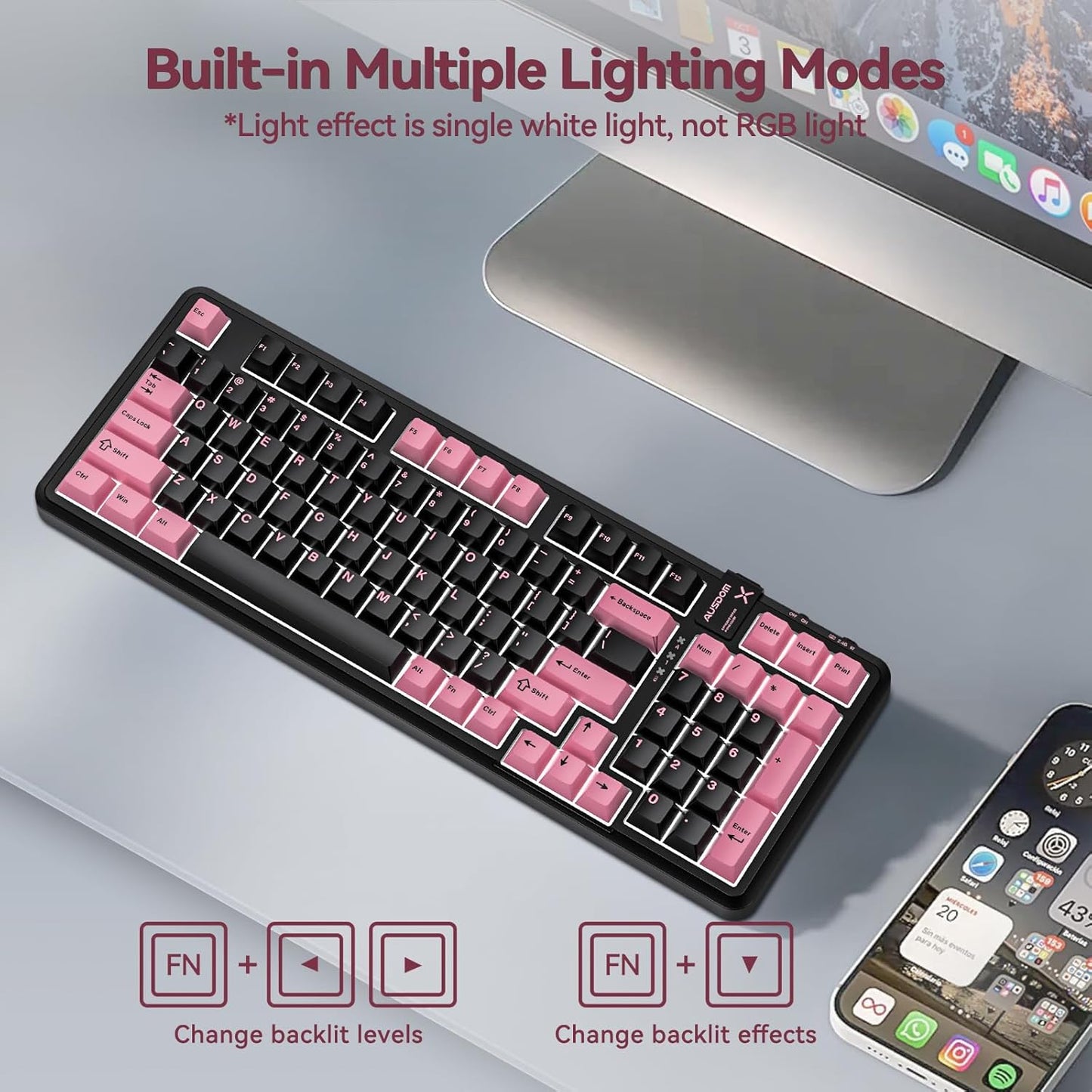 AUSDOM 98Pro Wireless Mechanical Keyboard, Tri-Mode BT/2.4GHz/USB-C Hot Swappable Custom Gaming Keyboard with Backlit, Gasket Structure, Linear Switches for Windows/Mac/PC (Black&Pink 97keys)