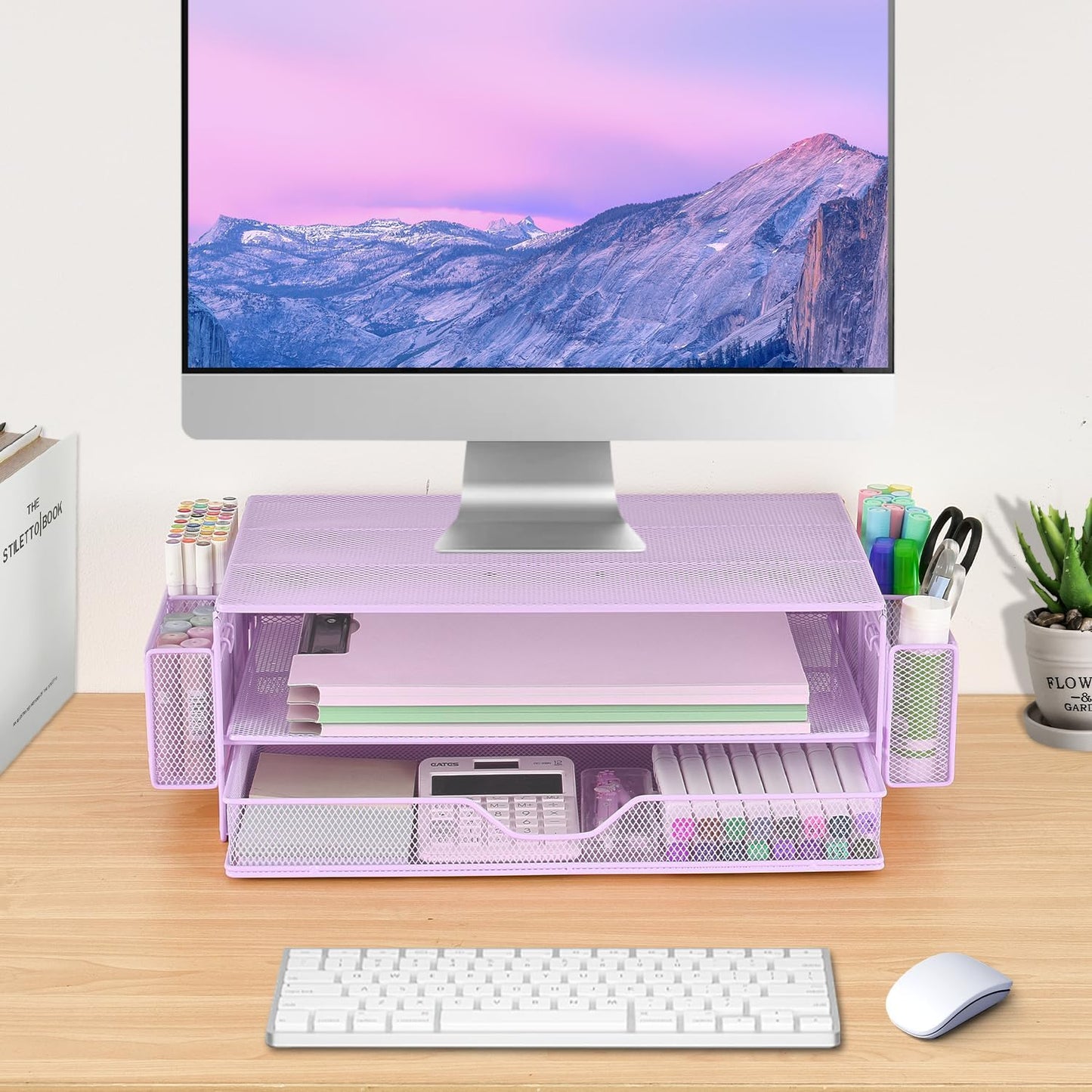 AUPSEN Computer Monitor Stands Riser，2-Tier Desk Organizers and Accessories, Office Desk Accessories Organizer with Drawers and 2 Pen Holder for Office Supplies (Purple)