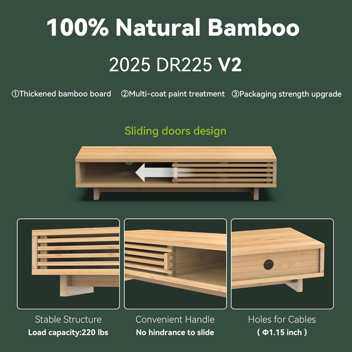 Monitor Stand Riser with Sliding Door, Computer Laptop Stand Desk Shelf Organizer with Storage (Natural Bamboo, 25 Inch)