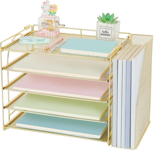 AUPSEN Gold Desk Accessories Organizer,5-Tier Letter Tray Paper Organizer with Adjustable File Holder, Desktop Office Desk Accessories for Office Supplies