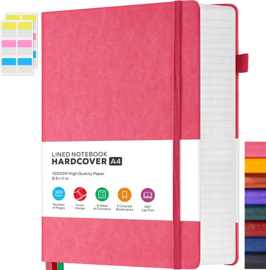 Lined Journal Notebook for Women/Men Writing Work, 320 Pages A4 Large Notebook notepads 8.5 x 11 for Note Taking, Hardcover Leather Journal, 100Gsm Thick Paper, Pink