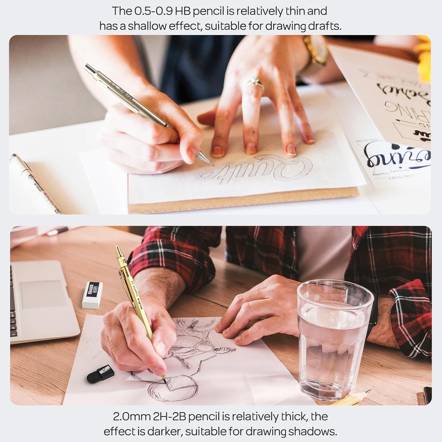 Nicpro 37PCS Gold Art Mechanical Pencil Set, 4PCS Metal Drafting Pencil 0.3/0.5/0.7/0.9 mm & 2PCS 2mm Lead Holder (6B 4B 2B HB 2H 4H) School Supplies for Sketching Drawing with 23 Tube Lead Refills