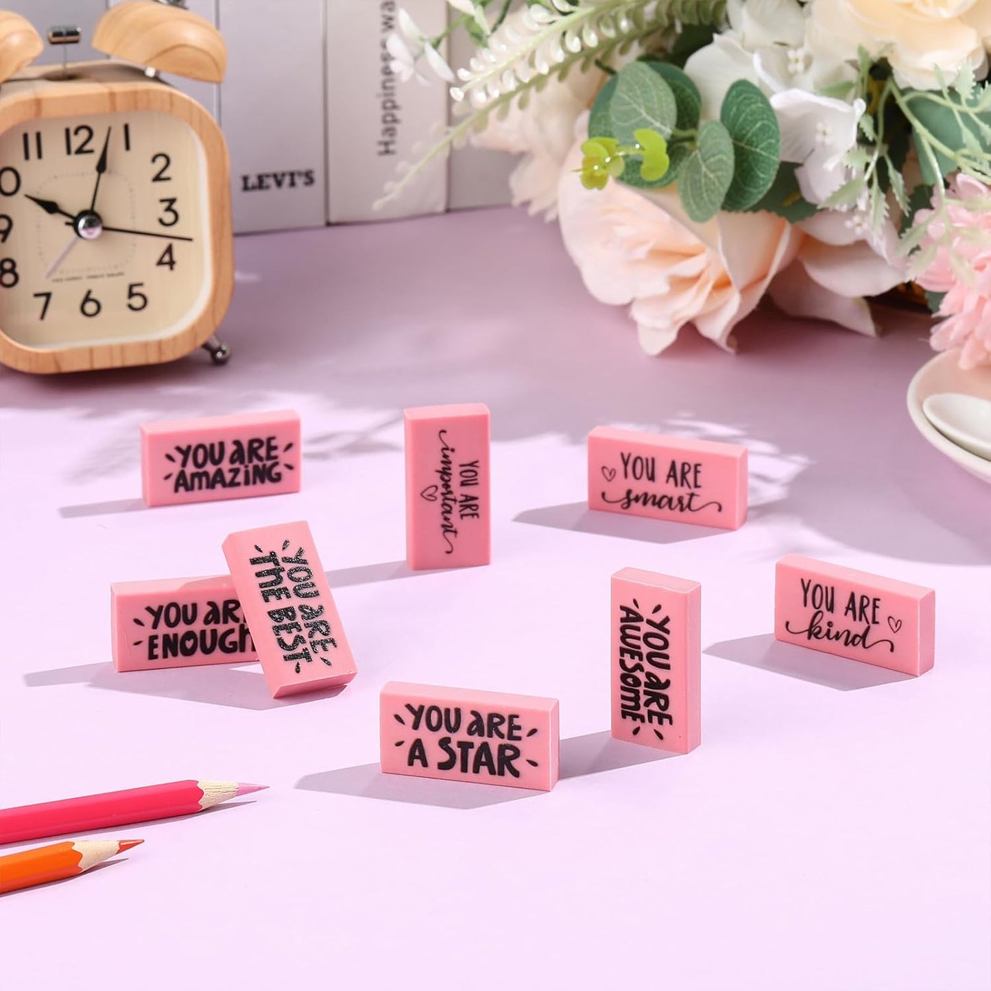 PerKoop 50 Pcs Pcs Inspirational Pink Erasers Bulk Small Motivational Block Pencil Erasers Back to School Gifts for Classroom Students Teachers Office Stationery Supplies