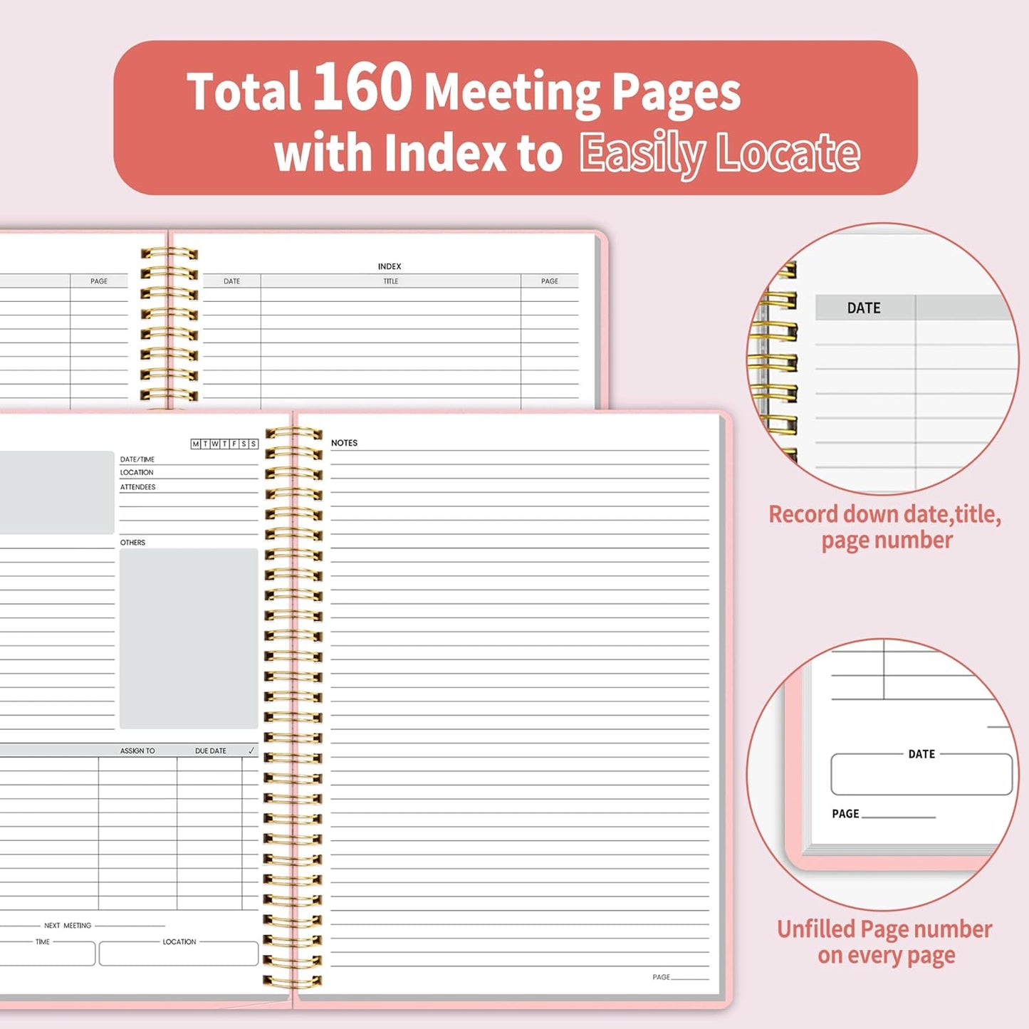 SUNEE Half Meeting Half Note - 7.5"x10" Professional Notebooks for Work - 160 Pages, B5 Size Project Planner, Spiral Meeting Agenda/Minutes Organizer for Women Men, Note Taking, Office & Business