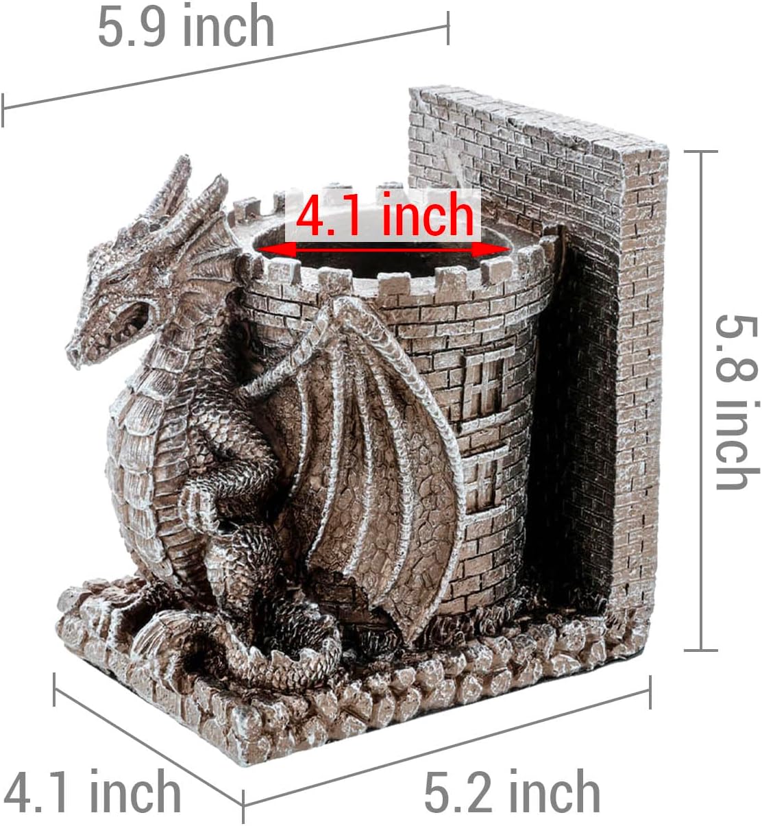 MyGift Gothic Brown Resin Dragon Guarding Castle Pencil Cup Bookends, Office Desk Book Ends with Decorative Fantasy Dragons and Stone Tower Pen Holders, 1 Pair