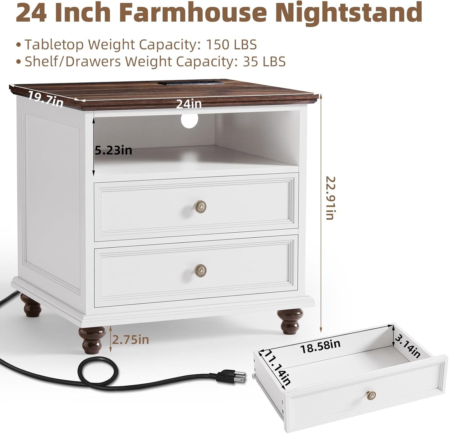 24" Wide Farmhouse Nightstand with Charging Station, End Table with 2 Drawers, White Wood Dresser for Bedroom Cabinet, Bed Side Table Chest of Drawers, Night Stand for Living Room, Closet