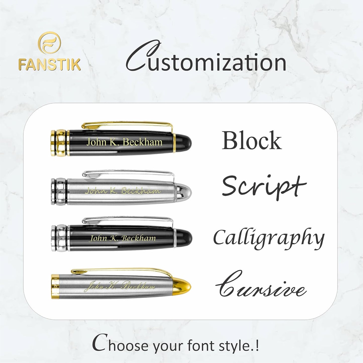Customized Fountain pen with name (MADE IN USA), stainless steel, black and gold, luxury engraved pen personalized for men and for women. (Fountain Black-Gold)