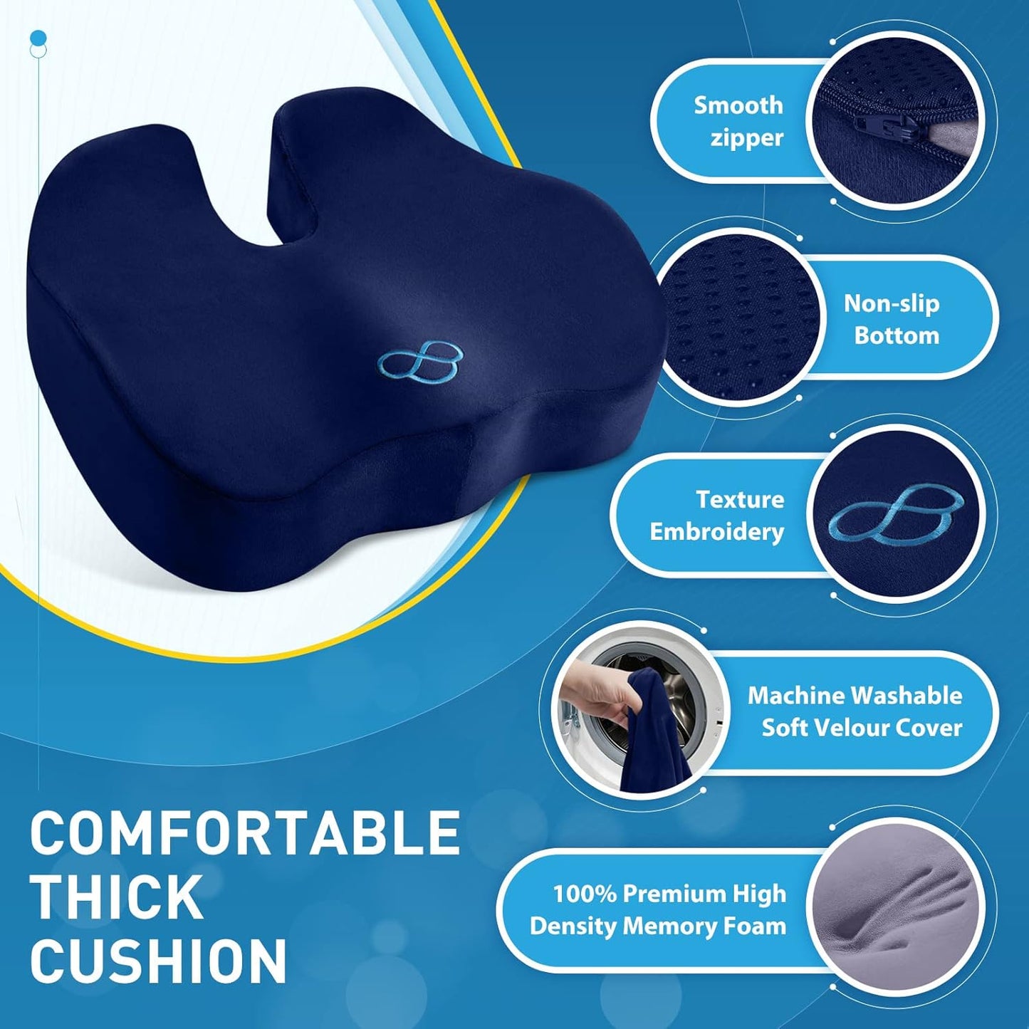 BlissTrends Seat Cushion,Thick Memory Foam Cushions for Office Chair, Car Seat, Airplane, Relieving Pressure Tailbone Sciatica Back Pain for Long Sitting Office Workers, Car Drivers 4.7in Thick Blue