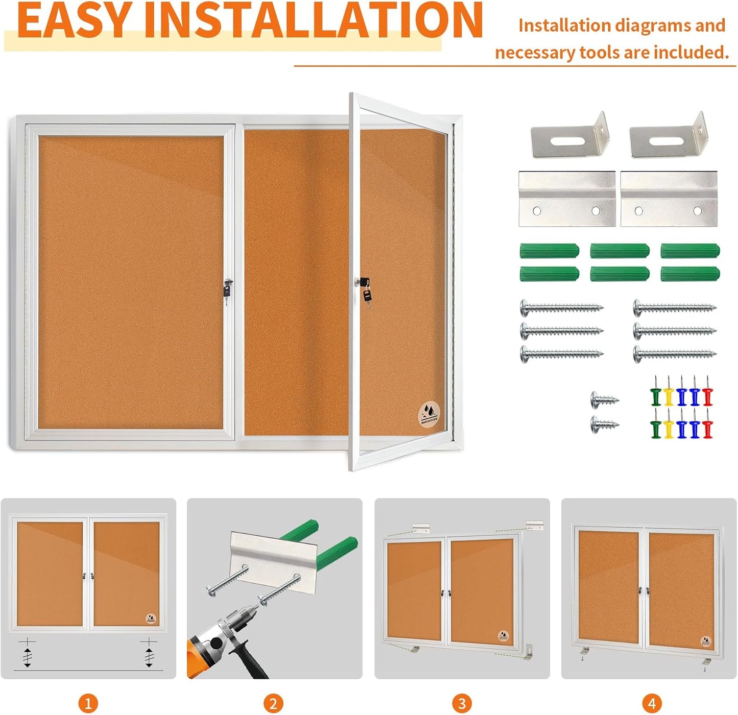Lockable Outdoor Enclosed Bulletin Board, Weatherproof Cork Noticeboard with Locking Door, Wall-Mounted Aluminum Framed Display Case for Messages,36x24in (5xA4) (Silver Frame & Cork, 44x32 in)