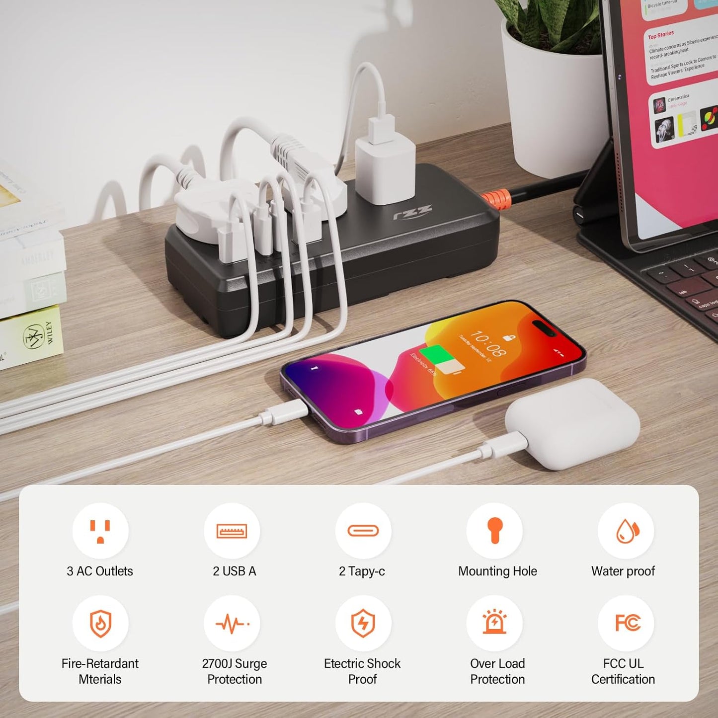 Power Strip Weatherproof, 7-in-1 Surge Protector with 3 Wide Outlets 2USB A and 2USB C,1875W/15A, 10FT Flat Plug Multi-Plug Outdoor Extension Cord for Indoor Outdoor, UL FCC Listed