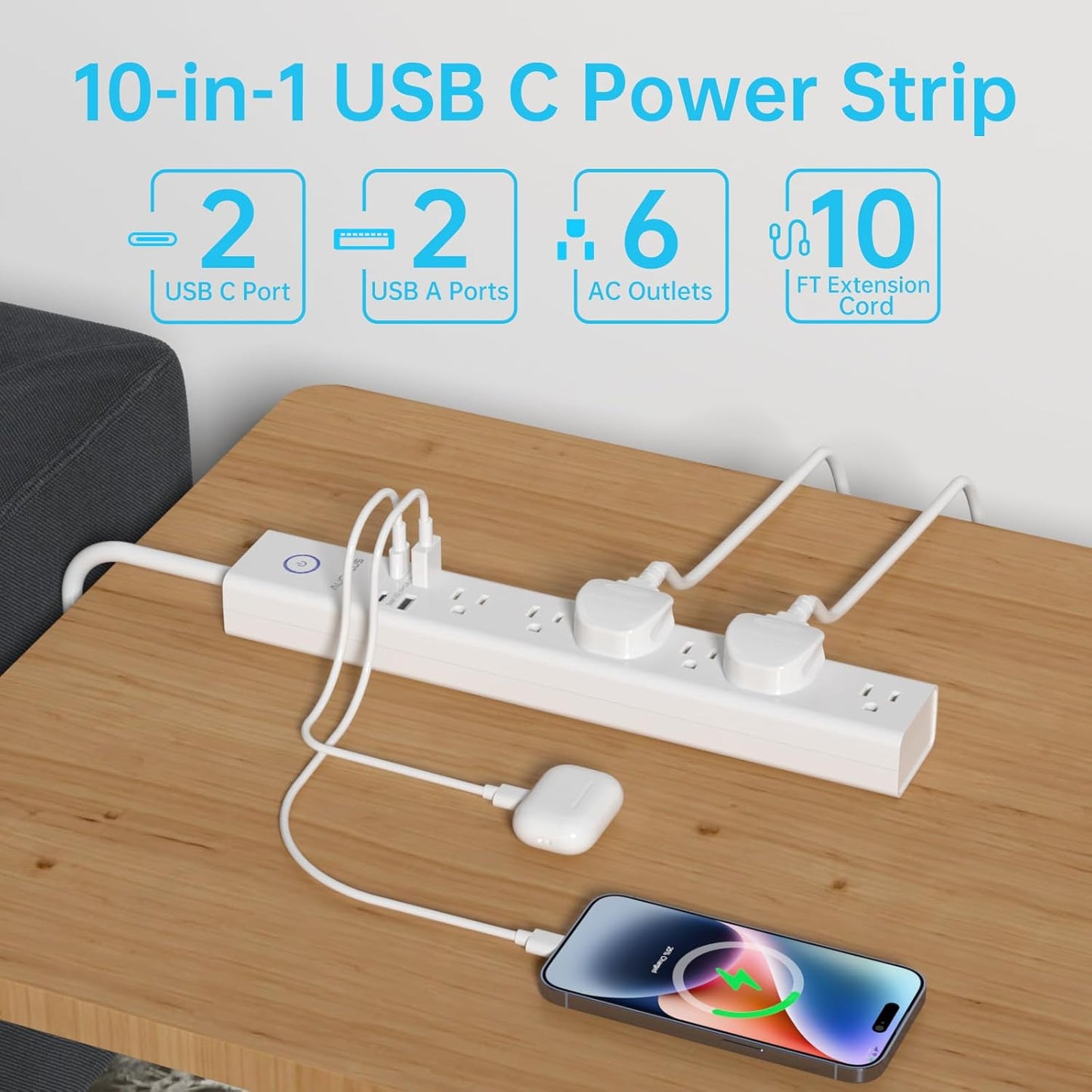 Power Strip Surge Protector with USB C Ports, AUOPLUS 6 Outlet and 4 USB Charger, 10FT Long Extension Cord Flat Plug(1250W/10A/2100J), Wall Mountable Overload Protection for Home Office Dorm