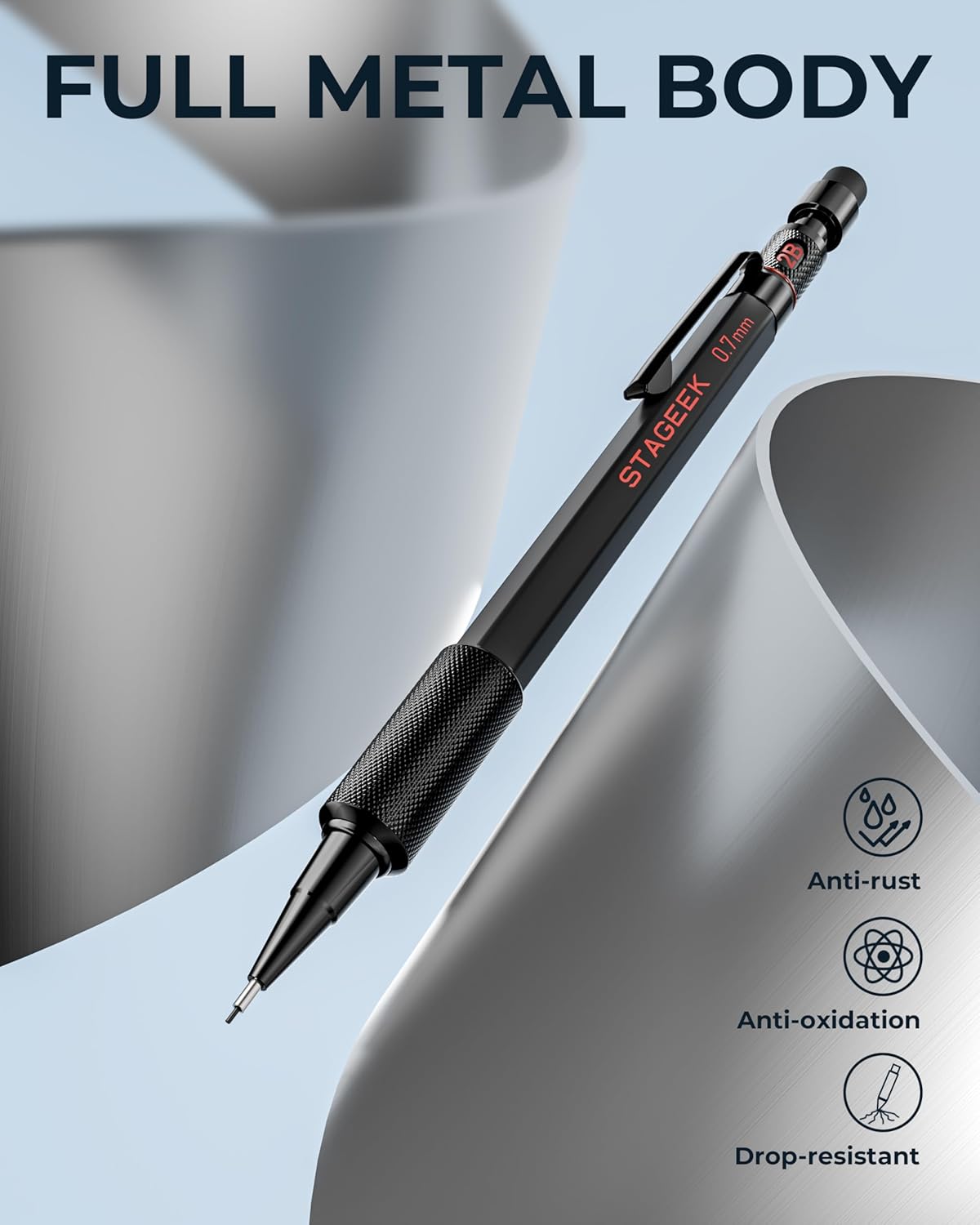 Mechanical Pencils 0.7mm with Case, Metal Weatherproof Body Outdoor Artist Mechanical Pencil with 120 PCS HB & 2B Lead Refills, Eraser, for Writing Drafting Drawing and Sketching