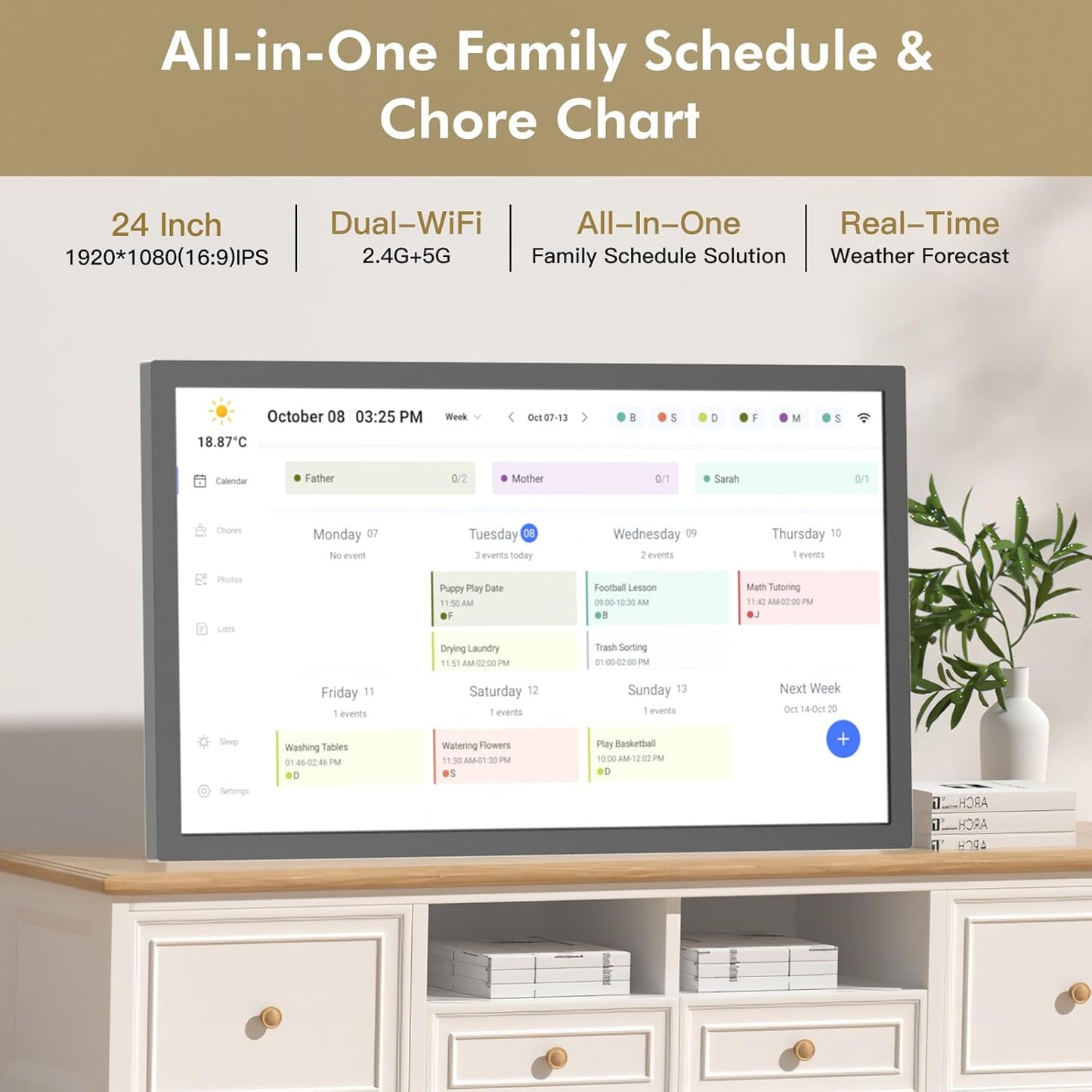 24" Smart Digital Calendar for-Family-Meal-Planner - Electronic Calendars for Chore Chart, Interactive Touchscreen Display for Family Schedules, Auto-Sync Google iCloud Outlook, Wall Mountable for Mom