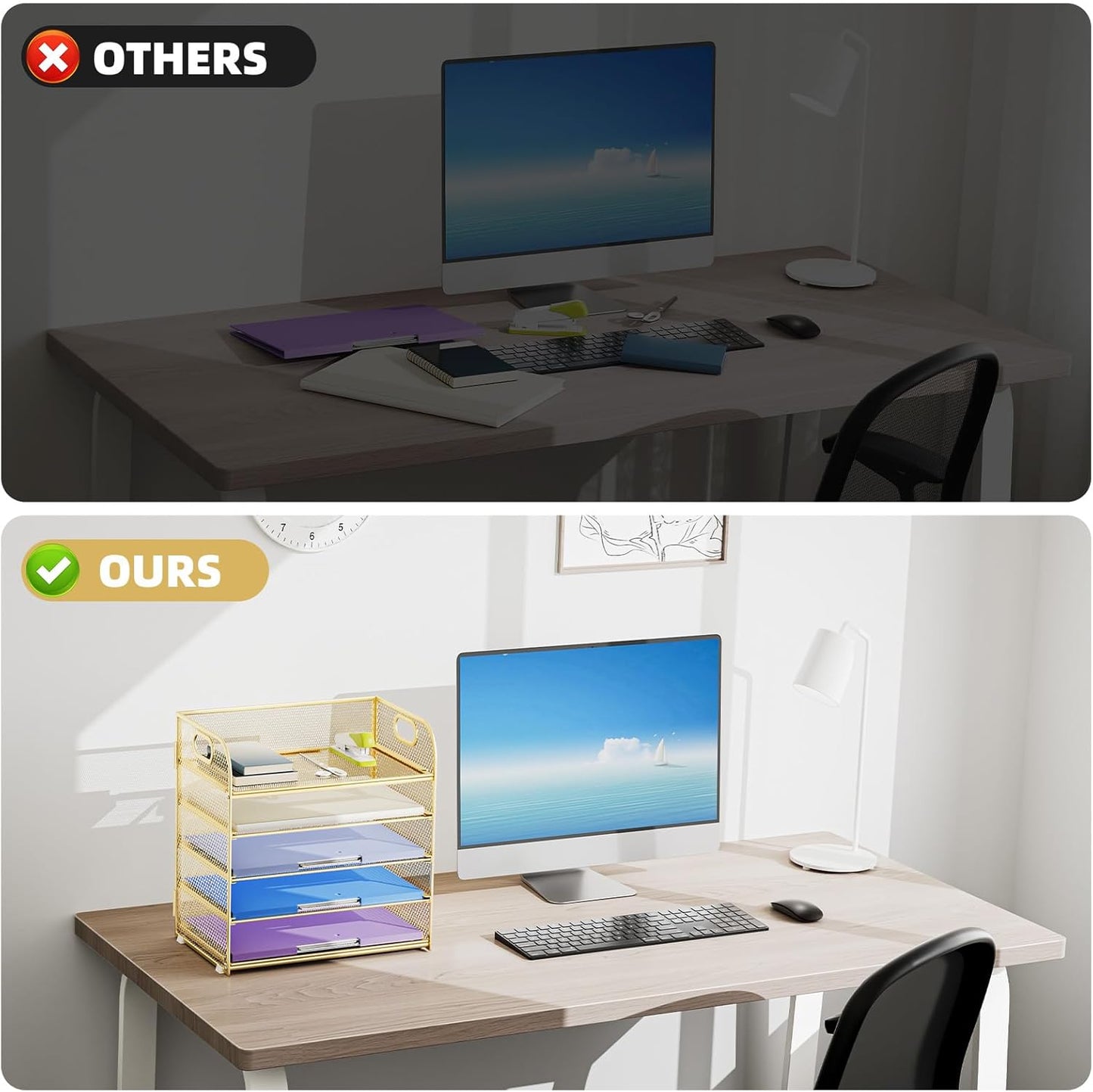 Marbrasse Paper Organizer Letter Tray, 5 Tier Mesh File Organizer with Handle, Paper Sorter Desk Organizer for Home Office Supplies - Gold