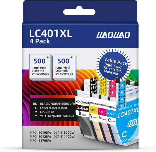 LC401XL Ink Cartridges Replacement for Brother LC401 LC401XL Ink Cartridges for Brother Printer MFC-J1010DW MFC-J1012DW MFC-J1170DW Black Cyan Magenta Yellow (4 Pack)