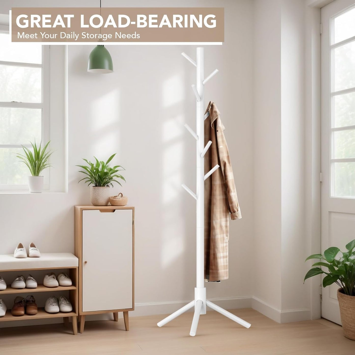Wooden Tree Coat Rack Stand,Sturdy Freestanding Coat Rack with 8 Hooks,3 Adjustable Height for Child Adult,Wood Coat Stand Tree Fits Entryway Bedroom Office for Bags,Hats, 2 Pack