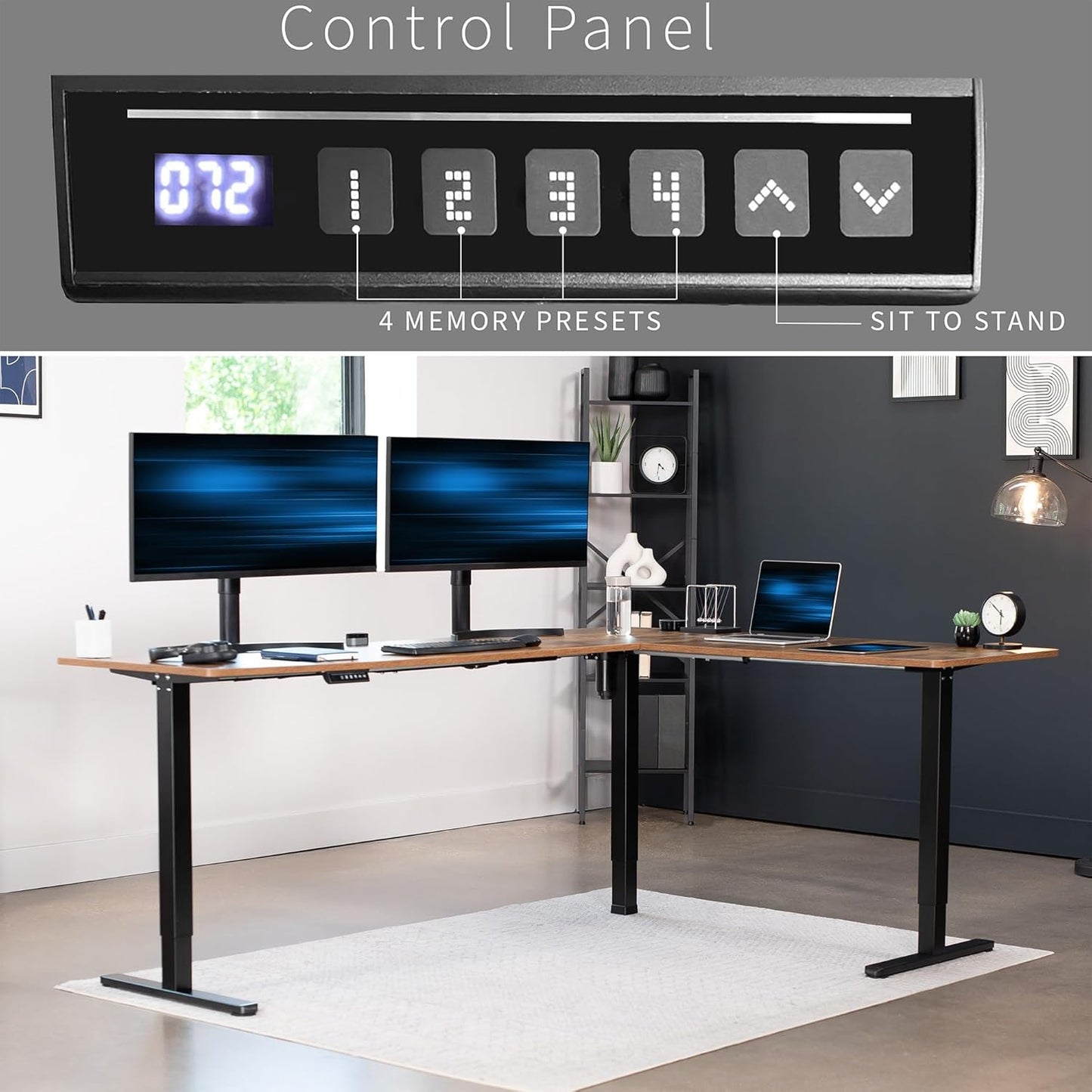 VIVO Electric Corner L-Shaped 84 x 63 in Rustic Standing Desk, Memory Height Adjustment, Vintage Brown Top Black Frame, DESK-E3CTBN-84