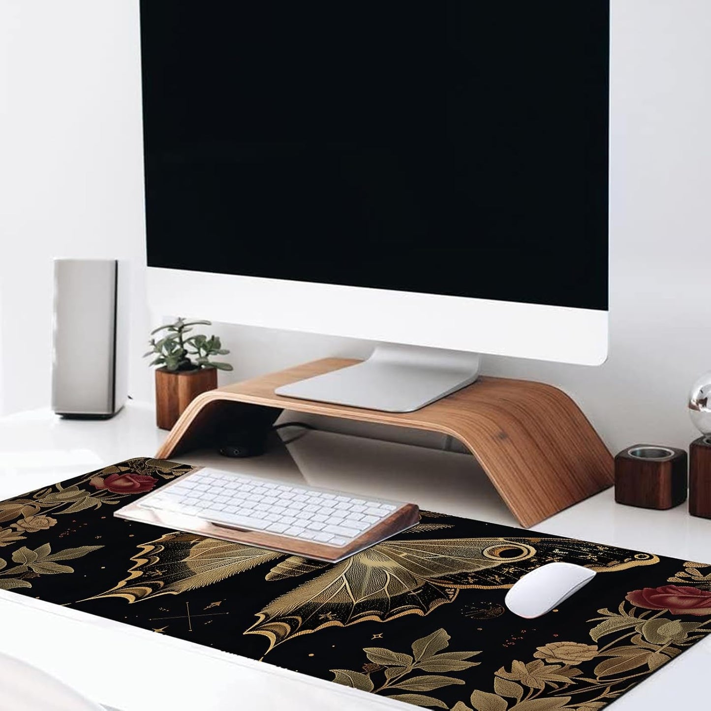 Vintage Moth Rose Large Gaming Desk Mat,Rubber Non-Slip Elegant Nocturnal Mouse Pad,31.5x11.8x0.12in Extended Nature Art Floral Mousepad,Game Lover Mice Pads Gifts,Office Home Deskmat Decor