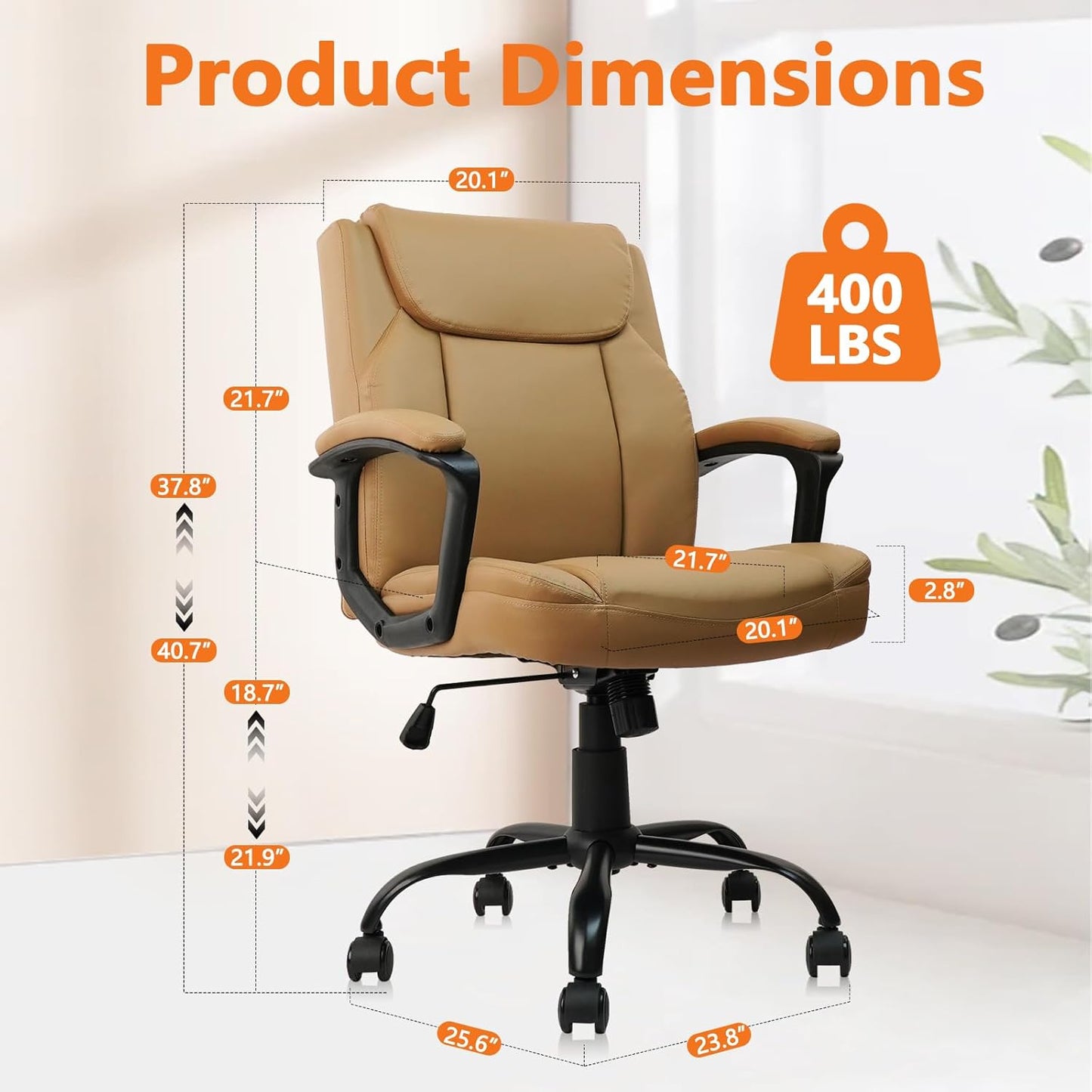 CLATINA Brown Office Computer Chair PU Leather Executive Office Chair Swivel Adjustable Height Chairs with Upholstery Fixed armrest Mid-Back Leather Thick Cushion Office Chairs Brown 2Pack