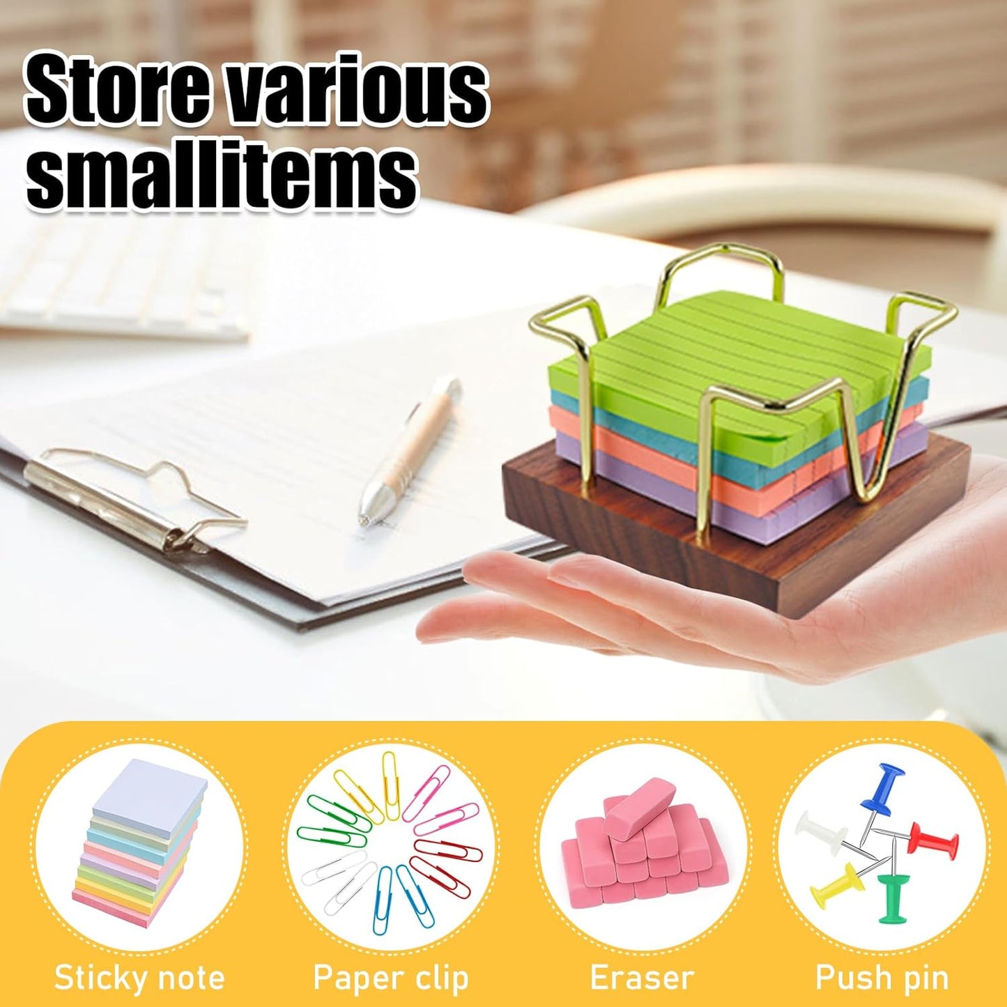 Buqoo Sticky Note Holder, Walnu Wood and Gold Metal Wire Self Stick Note Pad Holder Dispenser for School Home Office Desk Accessories Supplies