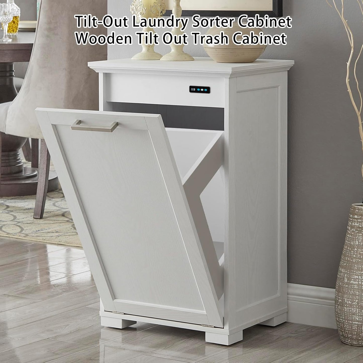 OLD CAPTAIN Tilt-Out Laundry Sorter Cabinet/Wooden Tilt Out Trash Cabinet, with Negative ion and deodorizing Function to Ensure The Cleanliness of The Kitchen Trash can(White)…