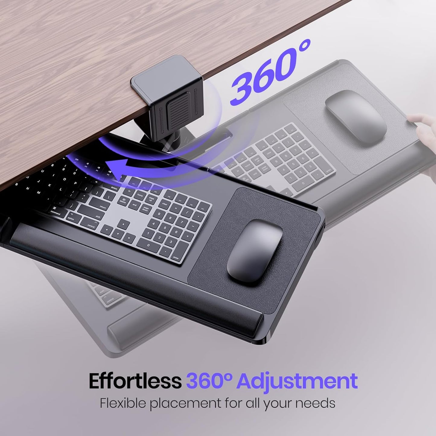 Klearlook Upgraded Adjustable Keyboard Tray for Above Desk & Under Desk Use - Ergonomic Sit-Stand Keyboard Riser with 360° Rotation, 24.4"×10" Keyboard Stand with Wrist Rest & Storage Drawer - Black