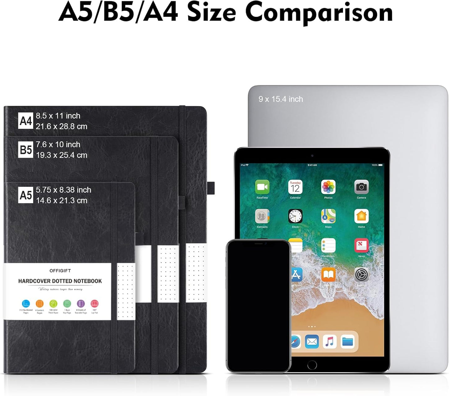 Bullet Dotted Journal Notebook, 312 Numbered Pages A5 Hardcover Leather Journal, 100gsm No Bleed Paper Dot Grid Notebook with Index Pages, Dot Journal for Women Men, 5.75" x 8.38", Black