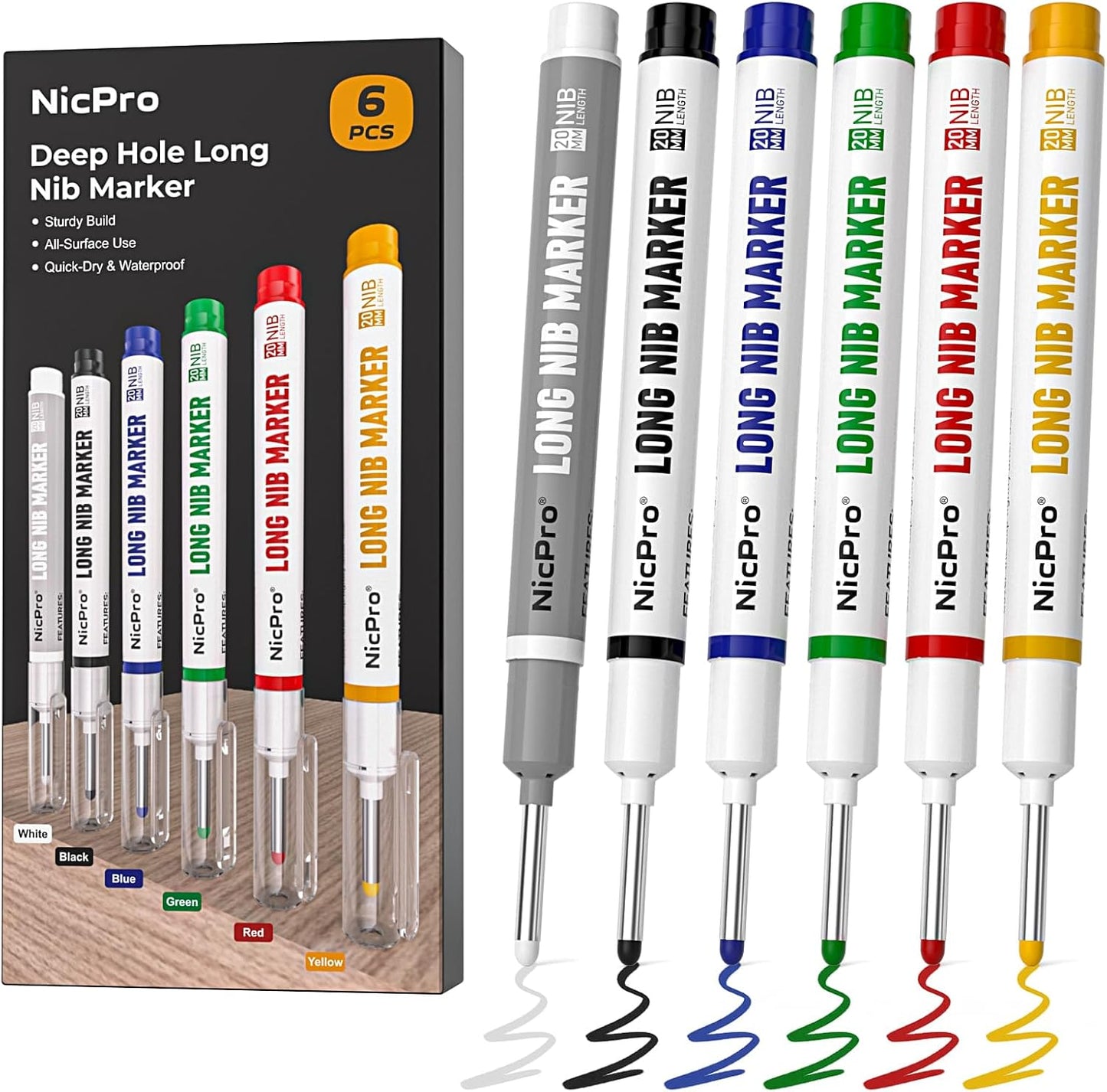 Nicpro 6 PCS Long Nib Marker Pens, 20mm Deep Hole Marker, Quick Dry & Waterproof Construction Markers, Long Head Markers for Metal, Steel, Tile, Glass, Carpenter Marking Pen for Woodworking (Colorful)