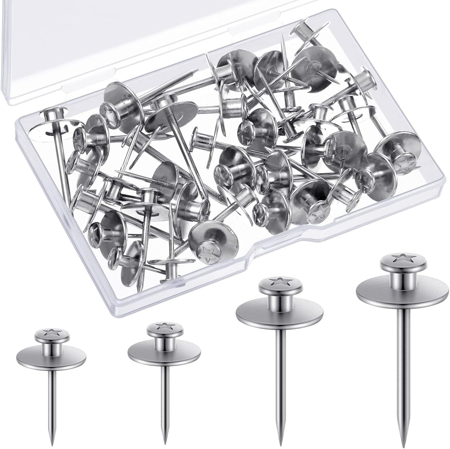 Zhengmy 40 Pcs Double Headed Picture Hangers Nails 4 Size Long Thumb Tacks Wall Nails for Hanging Pictures Decorative Push Pins Hooks for Drywall Photo Office Home Decor, 20/30/ 40/ 50lb(Silver)