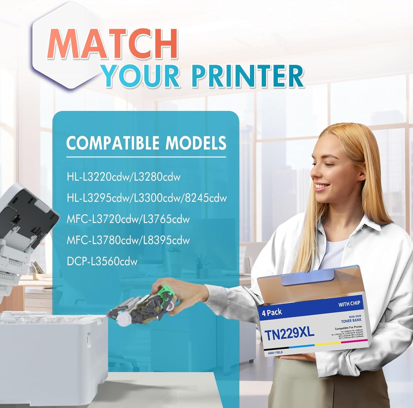 TN229XL TN229 Toner Cartridges 4 Pack MFC-L3780CDW MFC-L3720CDW Compatible for Brother TN229 TN229XL HL-L3280CDW HL-L3220CDW HL-L3300CDW HL-L3295CDW Printer TN 229XL TN-229XLBK/C/M/Y High Yield