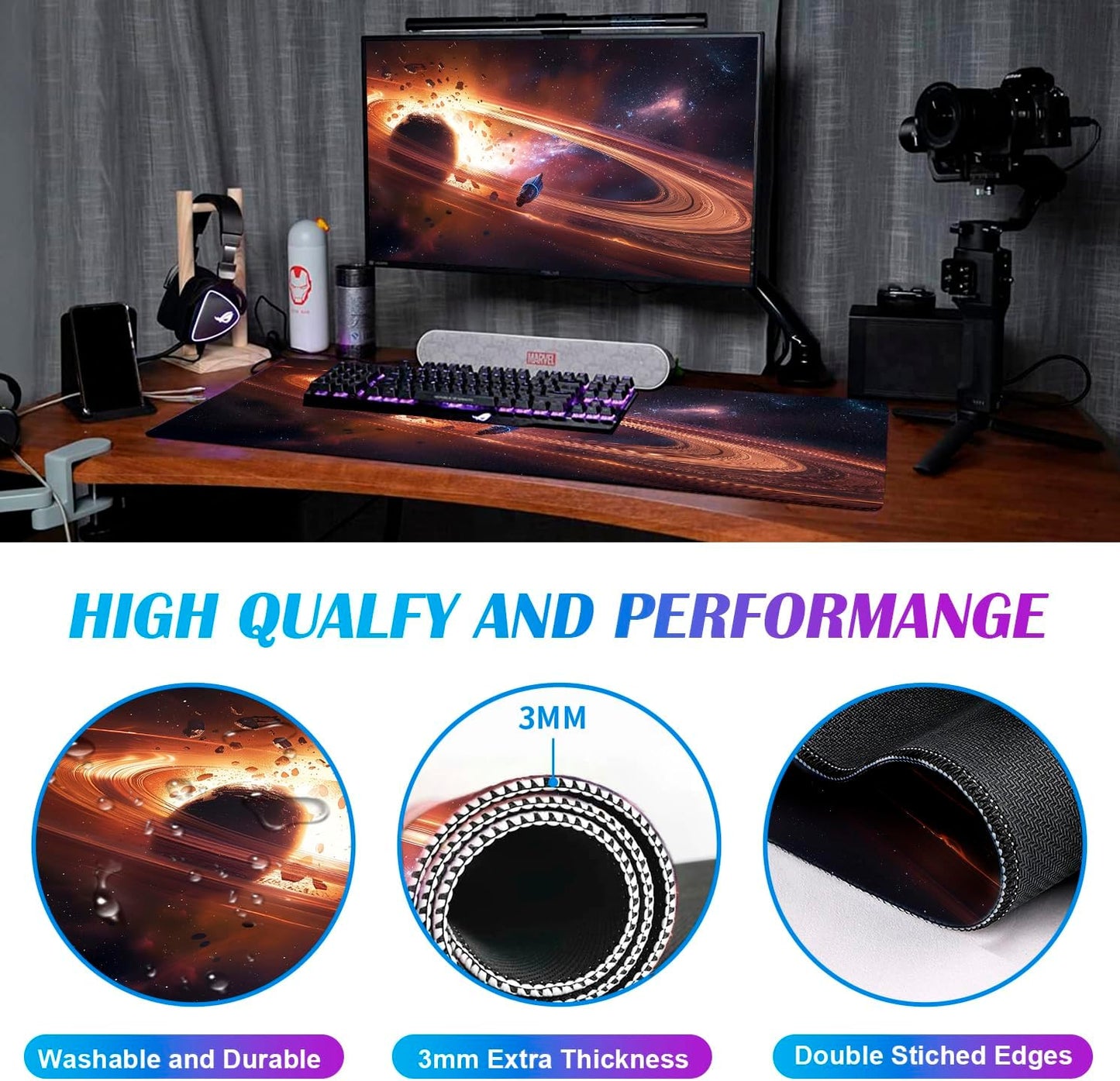 Personalized Galaxy Starry Sky Nebula Customized Computer Keyboard Office Desk Pad, Cute Space Planet Full Table Extended Mouse Pad 35.4 x 15.7 Inches