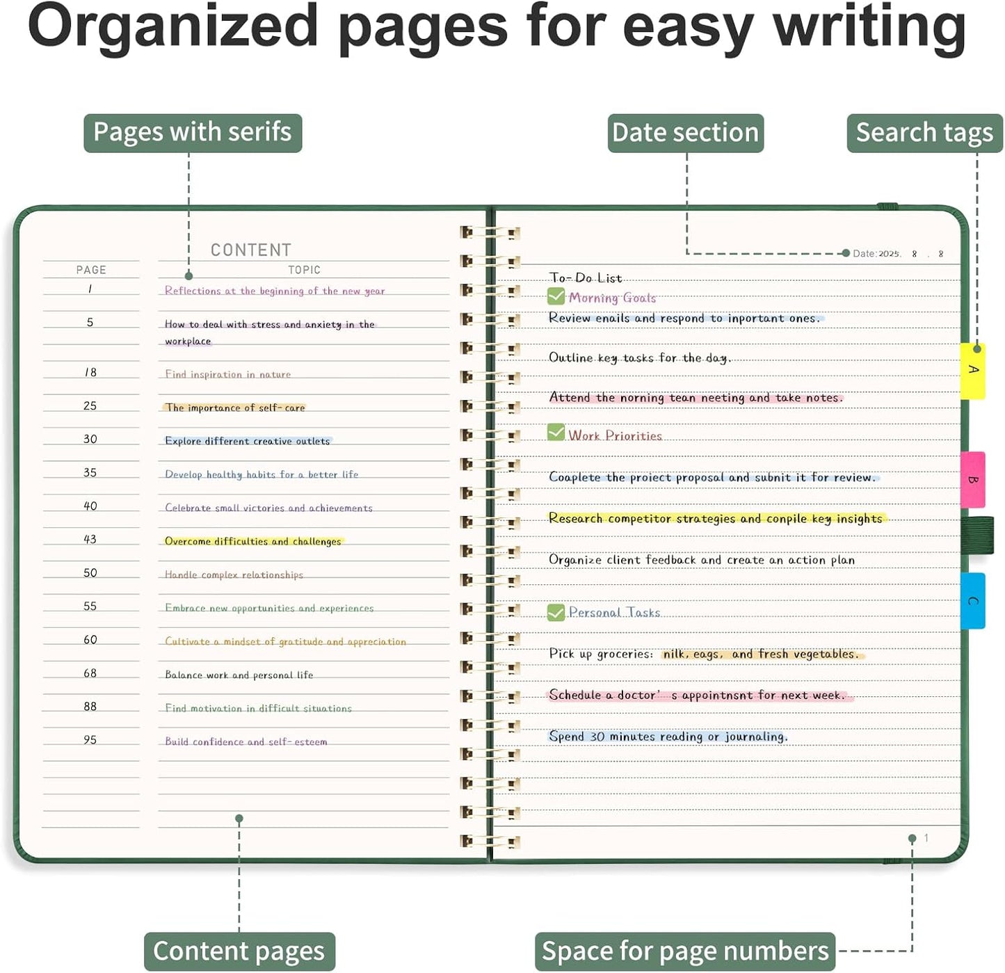 AHGXG Lined Spiral Notebook 8.5" x 11", A4 Large Notebooks for Women Men, Hardcover Leather Notebook College Ruled, 100 GSM Thick Paper, Notebooks for Work School Note Taking Writing, Green