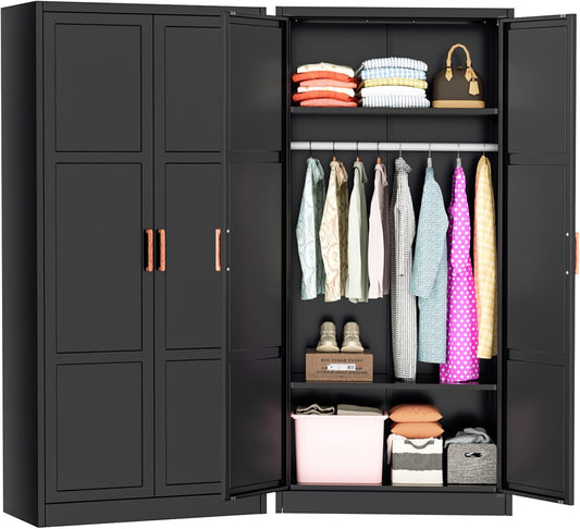 Greenvelly Metal Wardrobe Cabinet with Wooden Handle, 72" Black Metal Wardrobe Closet with Hanging Rods and Adjustable Shelves, Clothing Storage Closet Cabinet for Home, Office, Employee, Gym