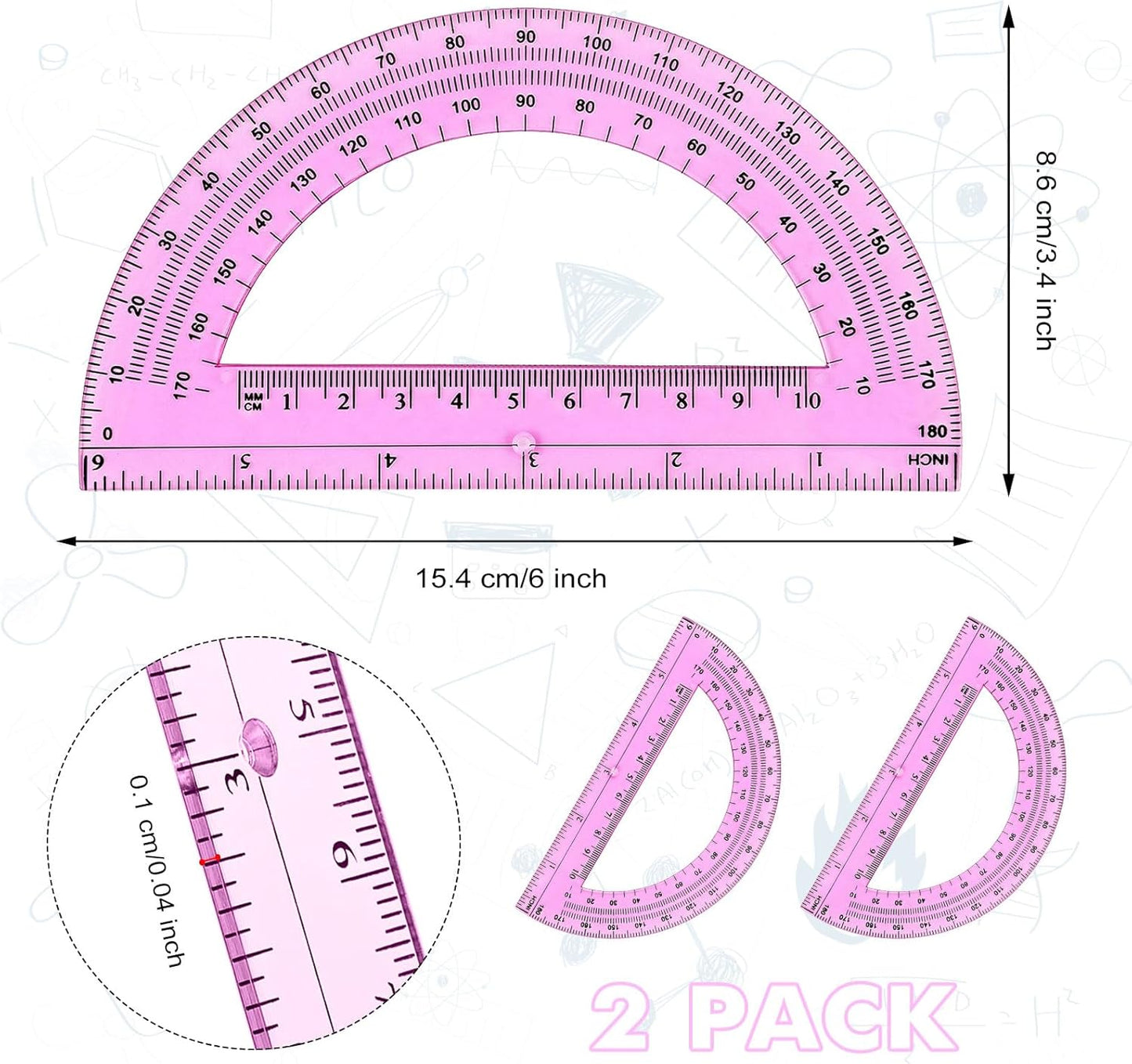 Zonon 2 Pcs 6 Inch Plastic Protractor Math Protractors 180 Degrees Angle Measurement, Translucent for Geometry Classroom Kid Student School Office Supplies(Pink)