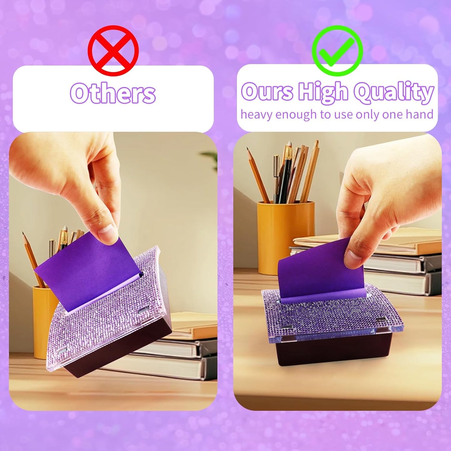 Rhinestone Self Sticky Note Holder Post it Note Dispenser Pop-Up Sticky Notes Dispenser 3 x 3 inch Post it Dispenser for Office Desk Accessories(Purple)