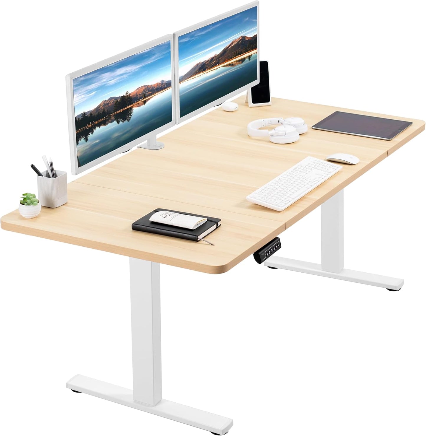 VIVO Electric 60 x 30 in Standing Desk, Memory Height Adjustment, 1B Series, Light Wood Top White Frame, DESK-KIT-1W6C-30