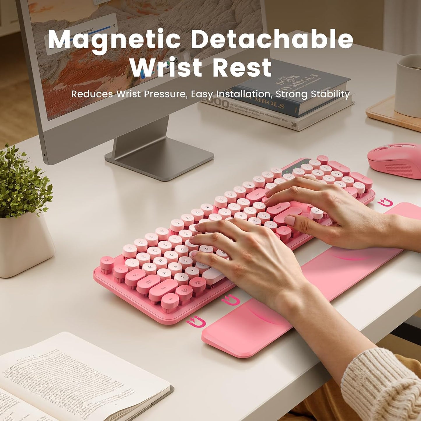 Wireless Keyboard, Round Keycaps, Retro Typewriter Keyboard with Detachable Wrist Rest, Sleep Mode, Foldable Legs, 2.4GHz Full-size Cordless Computer Keyboard for Windows/PC/Laptop (Baby Pink)