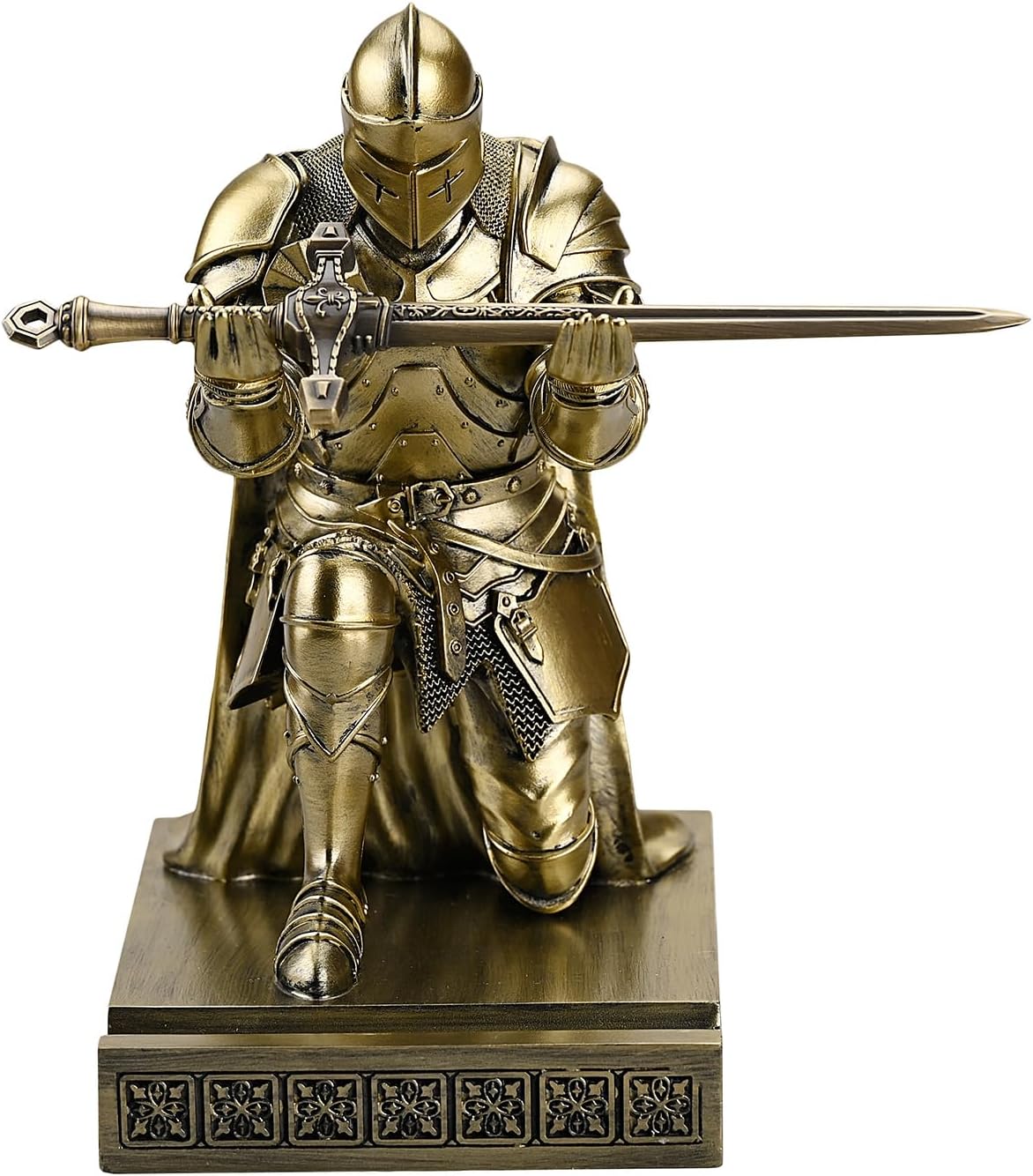 Medieval Armored Warrior Wearing Outerwear, Mobile Phone Stand Knight Pen Holder Desk Organizers, Resin Bookends Paperweight with a Letter Opener for Desk (Bronze)