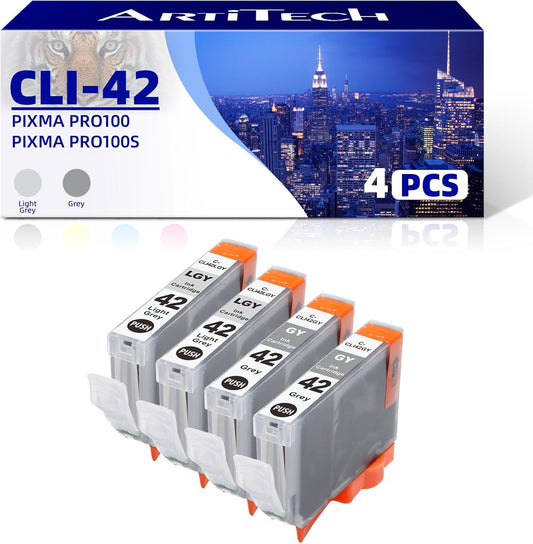 CLI-42 Pixma Pro-100 Ink Replacement for Canon CLI42 GY CLI-42 LGY Compatible Ink Cartridge Use for Pixma Pro-100 Pro-100s Printers 4 Value Pack (2 Gray, 2 Light Gray)