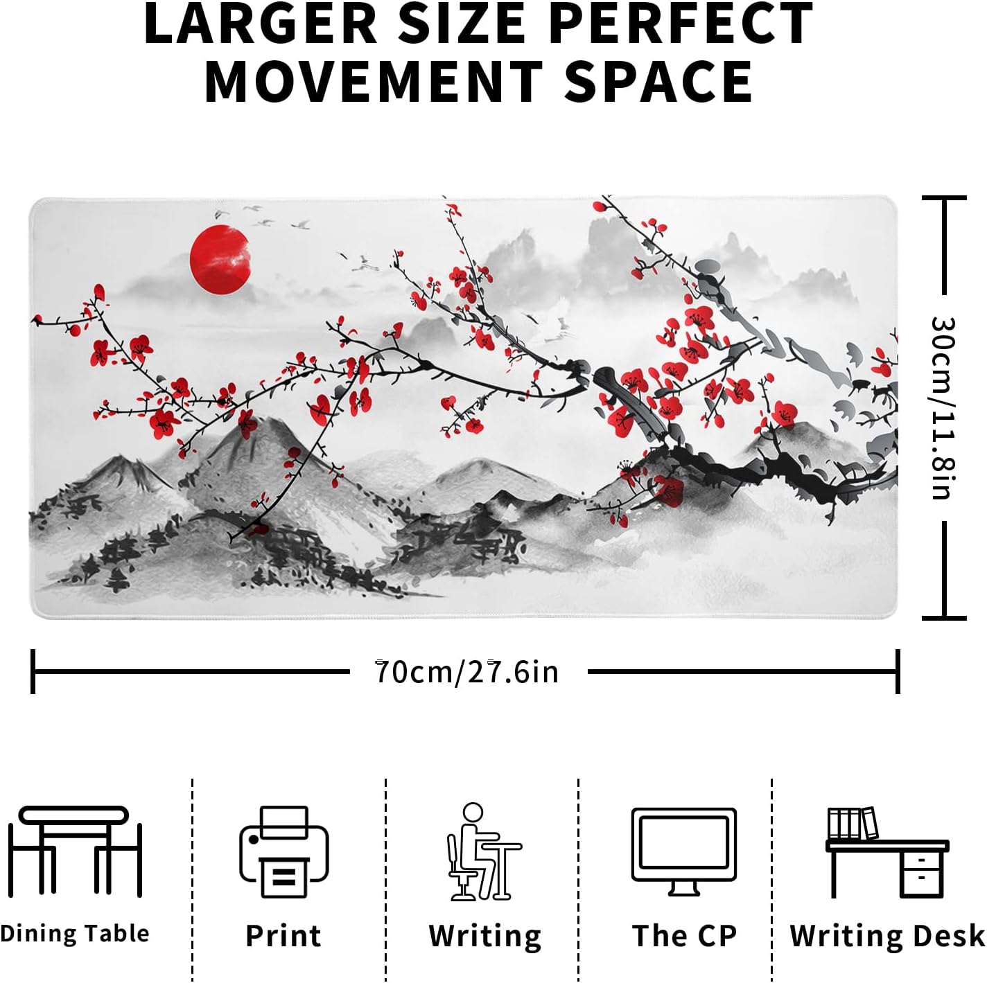 Japanese Cherry Blossom Gaming Mouse Pad 27.6x11.8 Inch Pink Full Desk Sakura Large Non-Slip Rubber Base Waterproof Big Keyboard Mat With Stitched Edges for Office