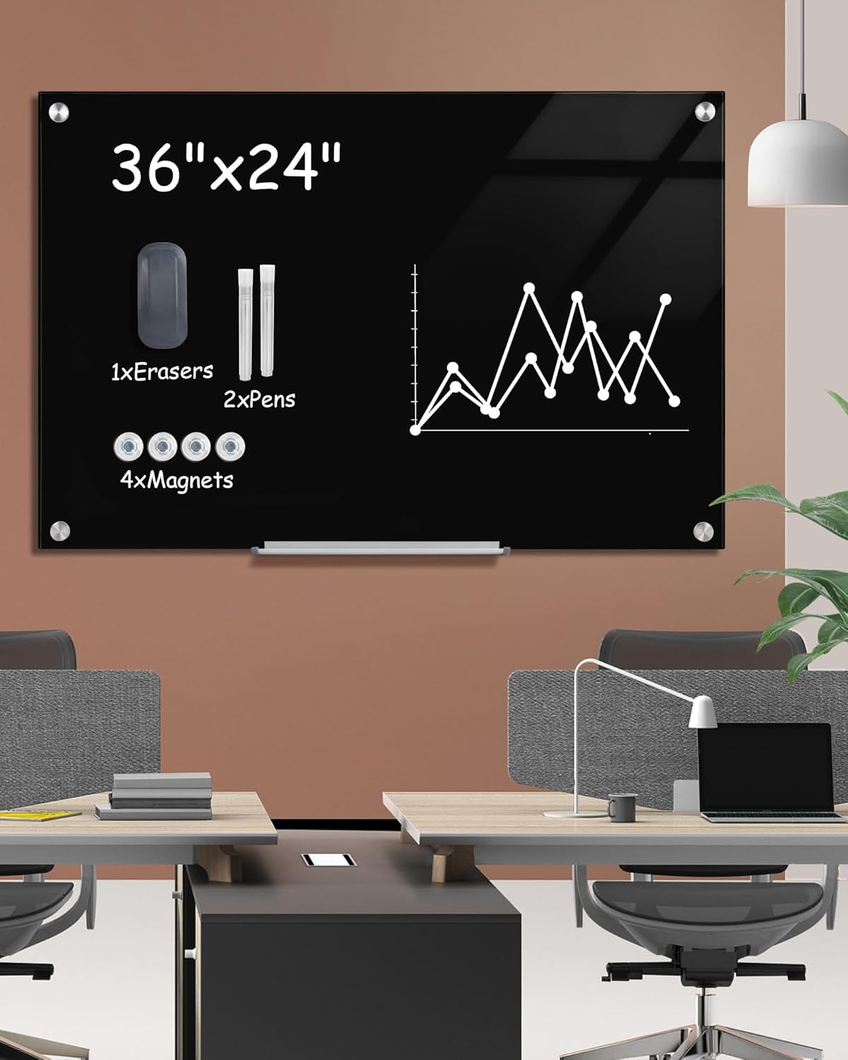 Magnetic Glass Whiteboard，36"x24" Wall Mounted Frameless Dry Erase Board for Office, Home & School Black