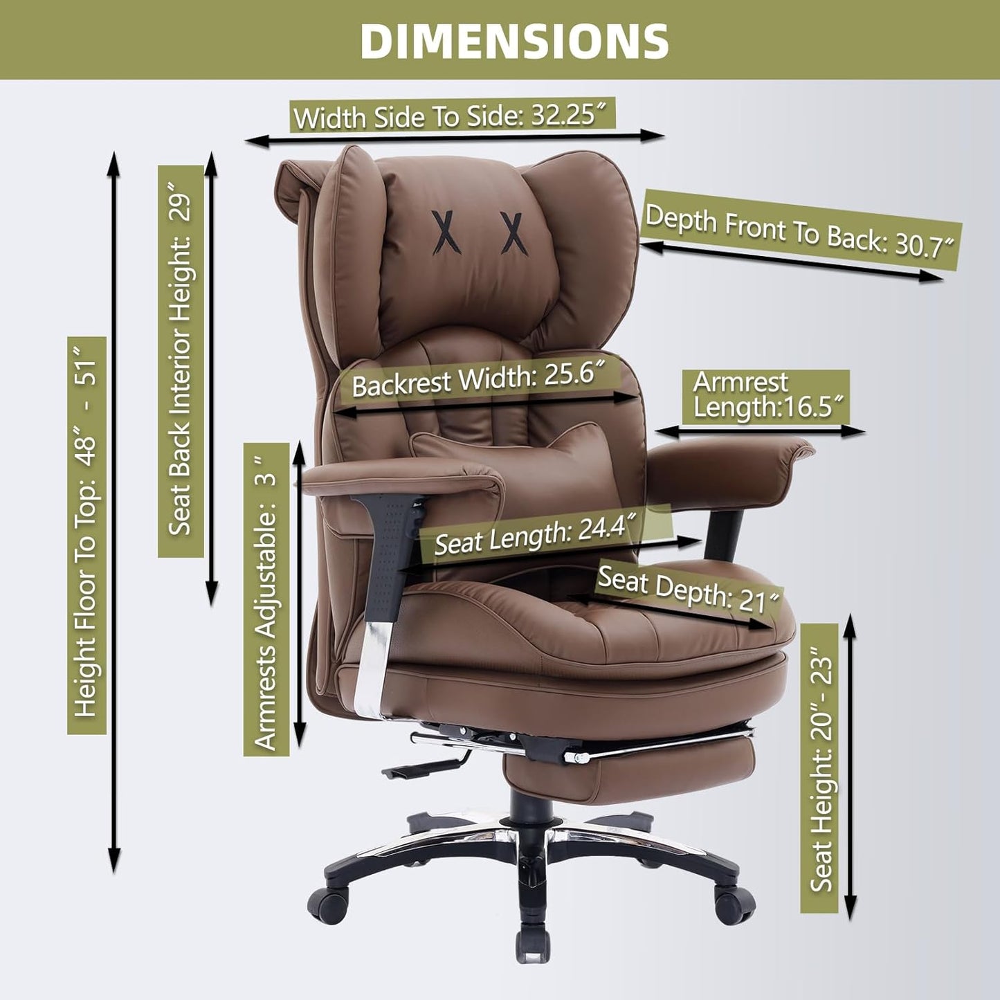 Efomao Big and Tall Office Chair with Footrest – High Back Computer Chair with Adjustable Armrests，Executive Office Chair with Wide Seat, Modern Desk Chair for Home Office, Gaming, or Study, Brown